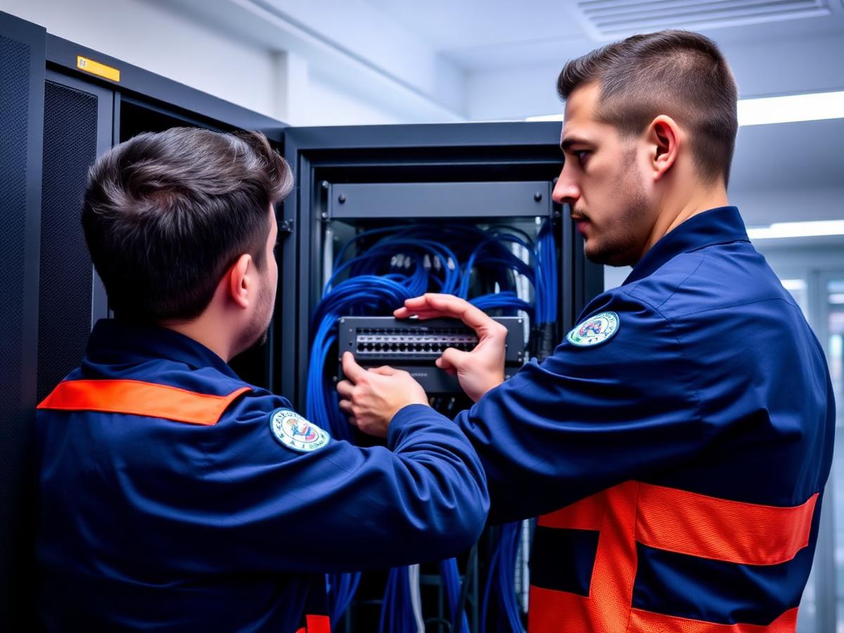 Techniciens GSS installant des équipements réseau