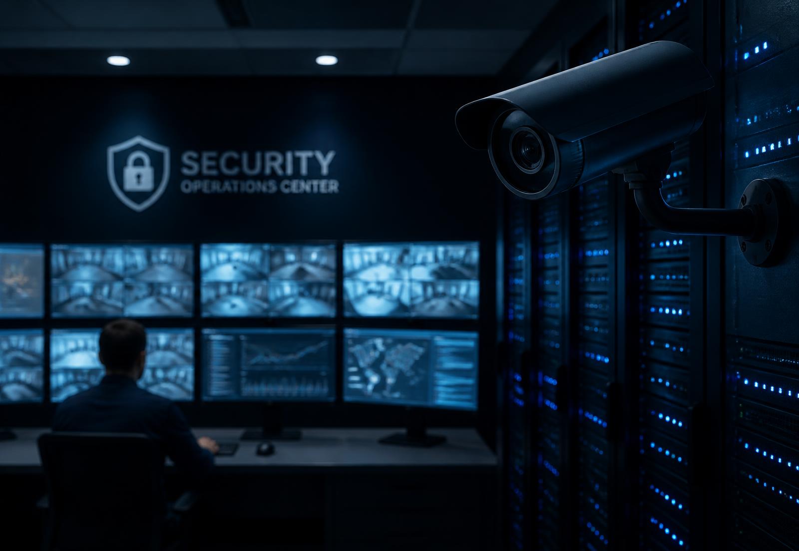 Salle de contrôle sécurisée avec caméras de surveillance et serveurs réseau